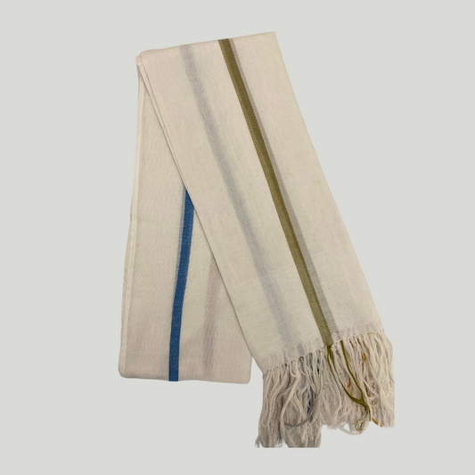 Shawl - White with Blue & Mustard stripes