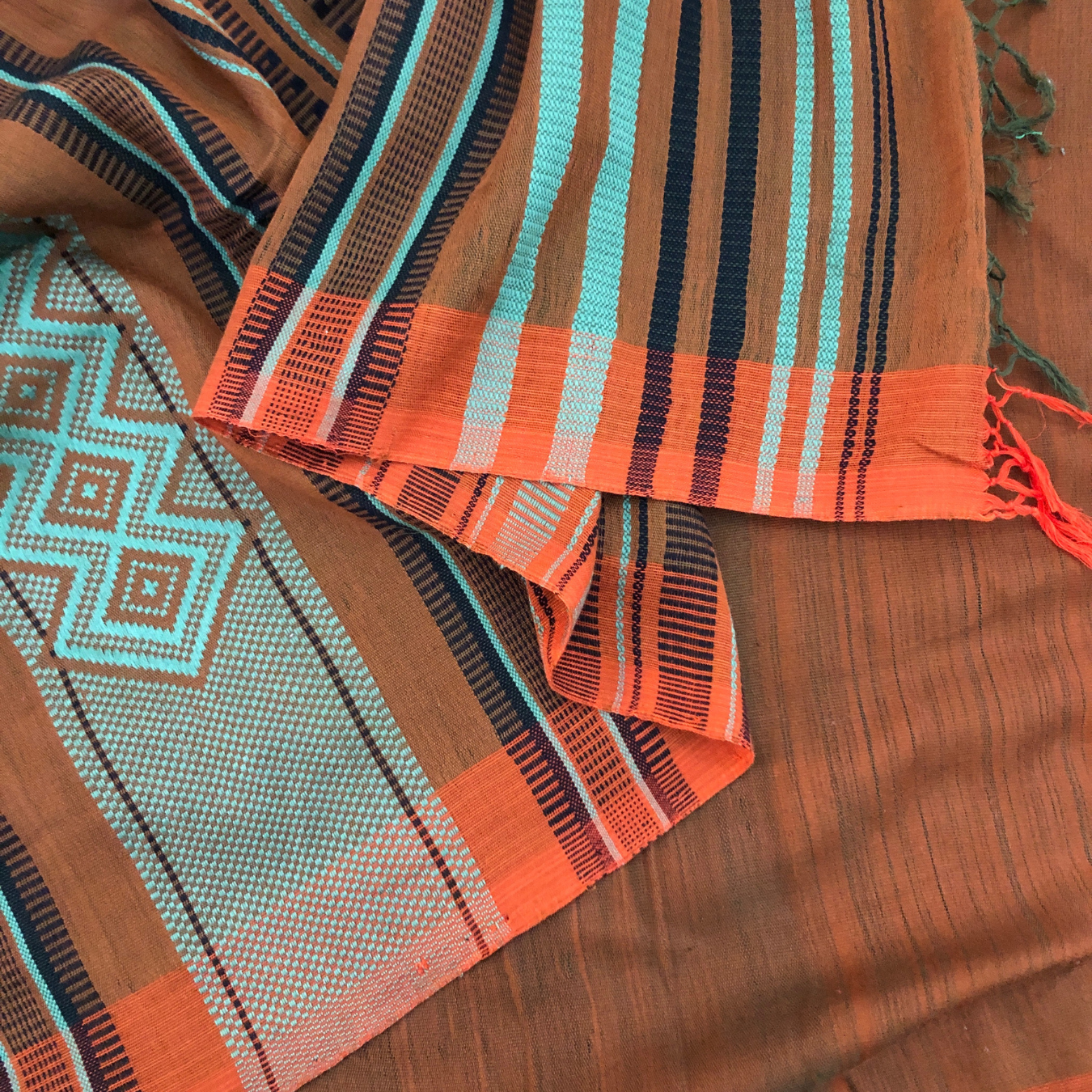 Dumbara Design Saree - Red Rust, Olive Green & Black