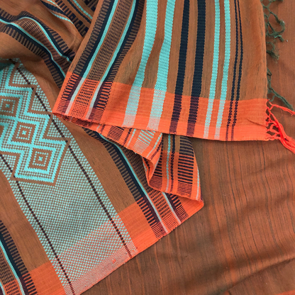 Dumbara Design Saree - Red Rust, Olive Green & Black