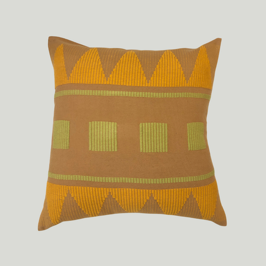 Dumbara Cushion Cover - Brown with Mustard & Olive Green (16" X 16")