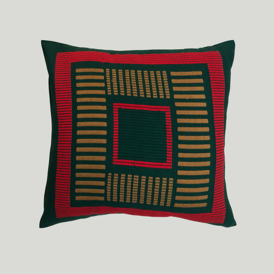 Dumbara Cushion Cover - Dark Green with Brown & Red (16" X 16")