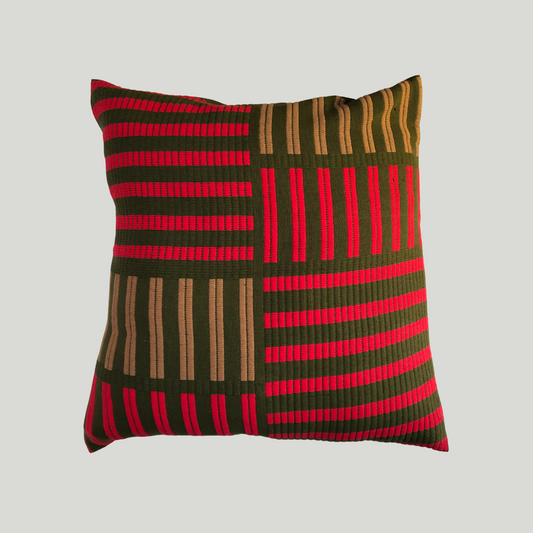 Dumbara Cushion Cover - Olive Green with Red & Brown Stripes (18" X 18")