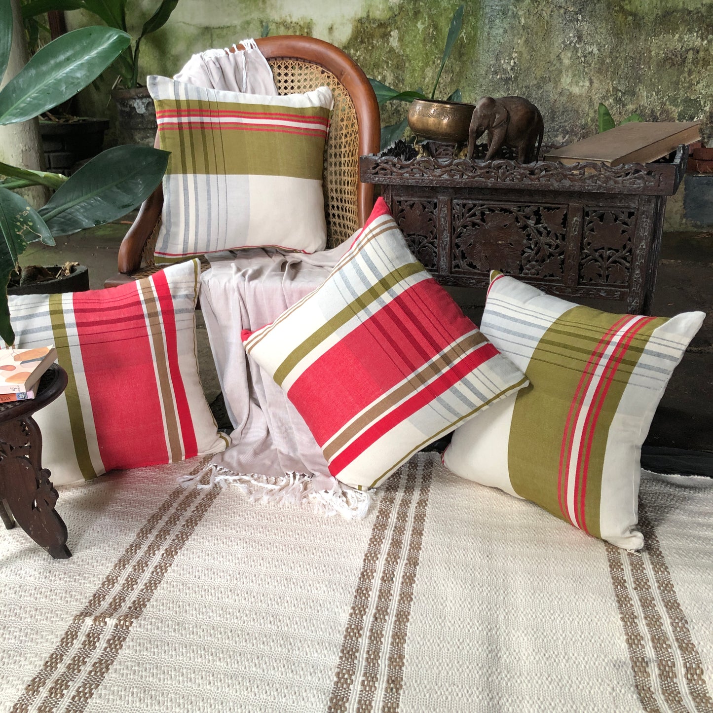 Cushion Cover with Olive Stripes - X' Mas 2024 (18" X 18")