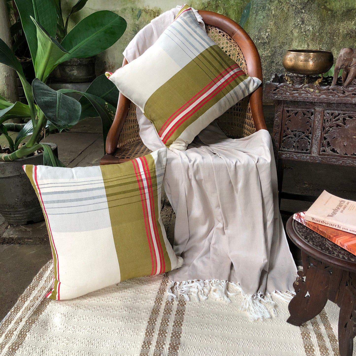 Cushion Cover with Olive Stripes - X' Mas 2024 (18" X 18")