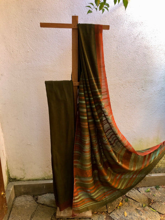 Dumbara Design Saree - Olive Green, Rust & Black