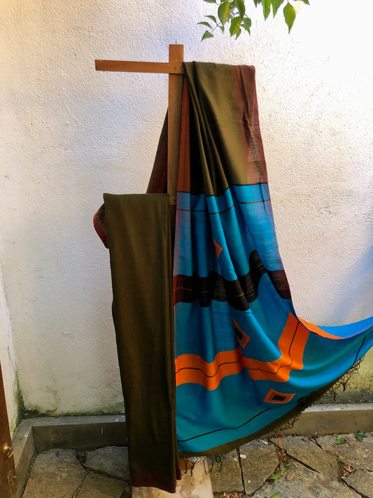 Dumbara Design Saree - Olive Green, Blue & Orange