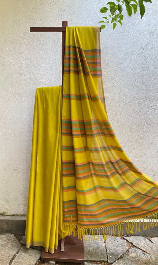 Saree - Yellow with Pastel stripes