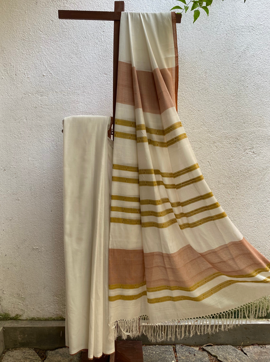 Saree - Off white & Mustard stripes